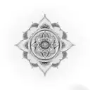 Mandala tattoo with yin Yang in the center, along with a bracelet around with nature landscape tattoo design idea