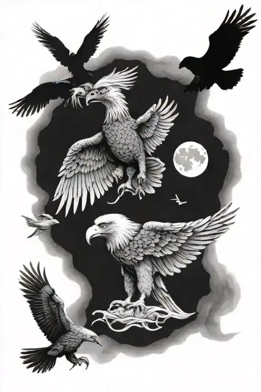eagle, phoenix, elephant, castle, moon tattoo design idea