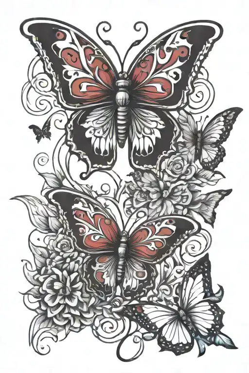 2006, butterflies and hearts, red ink tattoo design idea