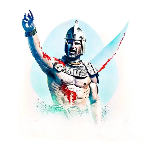 bloody spartan warrior samson with wings destroying roman columnss tattoo design idea