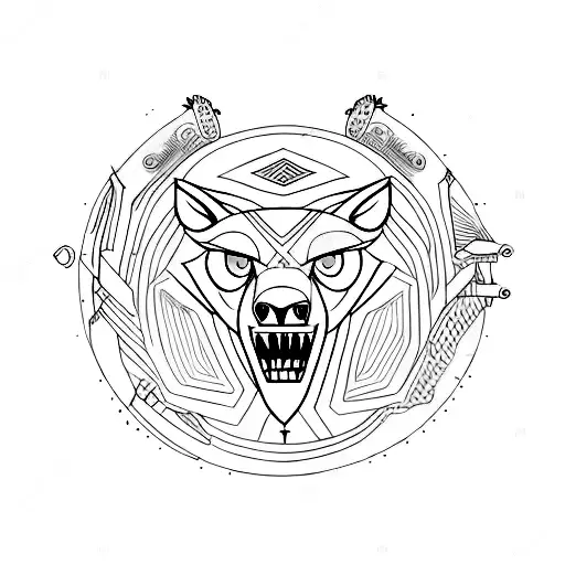 An eye, below a mountain ridge, overlooked by a moon,  all that encircled by a deer head, a wolf and a falcon head on t tattoo design idea