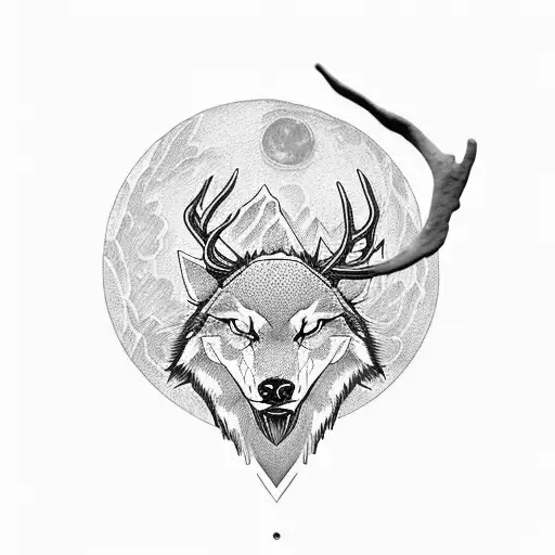 An eye, below a mountain ridge, overlooked by a moon,  all that encircled by a deer head, a wolf and a falcon head on t tattoo design idea