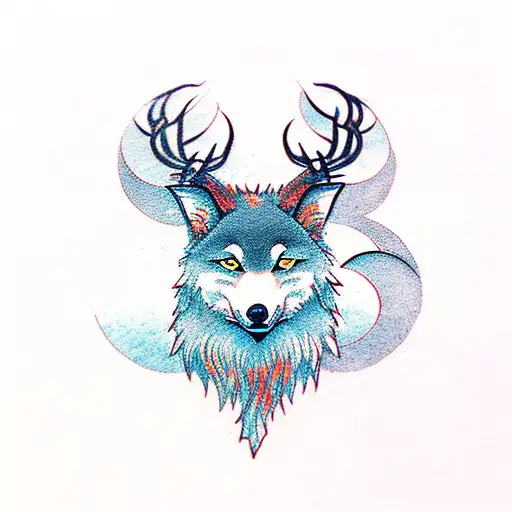 An eye, below a mountain ridge, overlooked by a moon,  all that encircled by a deer head, a wolf and a falcon head on t tattoo design idea