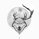An eye, below a mountain ridge, overlooked by a moon,  all that encircled by a deer head, a wolf and a falcon head on t tattoo design idea