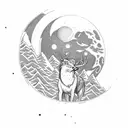 An eye, below a mountain ridge, overlooked by a moon,  all that encircled by a deer head, a wolf and a falcon head on t tattoo design idea