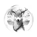 An eye, below a mountain ridge, overlooked by a moon,  all that encircled by a deer head, a wolf and a falcon head on t tattoo design idea