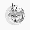 An eye, below a mountain ridge, overlooked by a moon,  all that encircled by a deer head, a wolf and a falcon head on t tattoo design idea