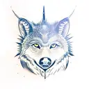 An eye, below a mountain ridge, overlooked by a moon,  all that encircled by a deer head, a wolf and a falcon head on t tattoo design idea