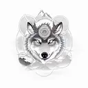 An eye, below a mountain ridge, overlooked by a moon,  all that encircled by a deer head, a wolf and a falcon head on t tattoo design idea