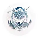 An eye, below a mountain ridge, overlooked by a moon,  all that encircled by a deer head, a wolf and a falcon head on t tattoo design idea