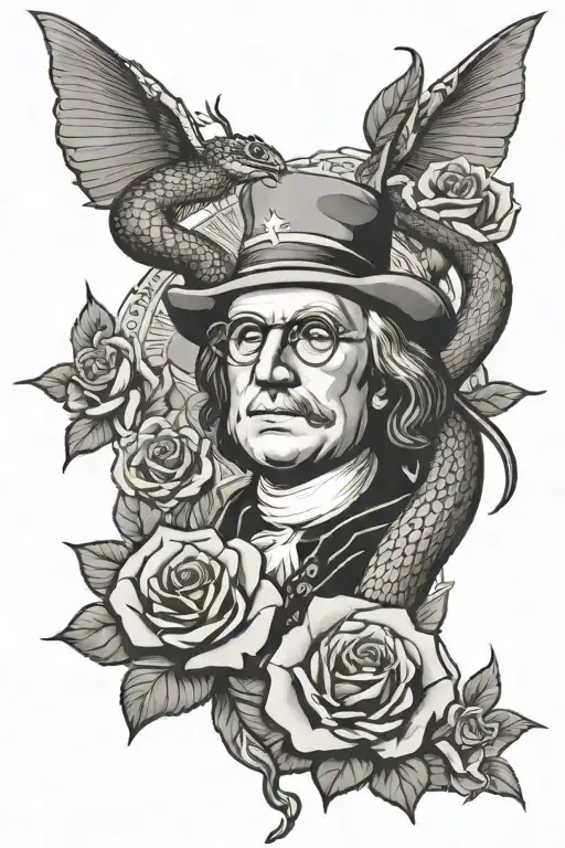 snake and benjamin franklin and a rose and a star and bitcoin logo  tattoo design idea