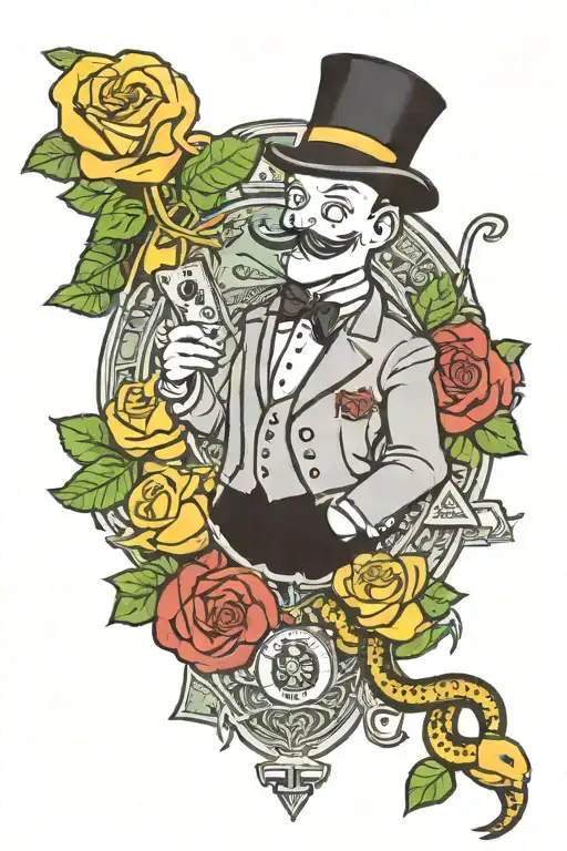 monopoly man and united states dollars and bitcoin and a snake and roses and love  tattoo design idea