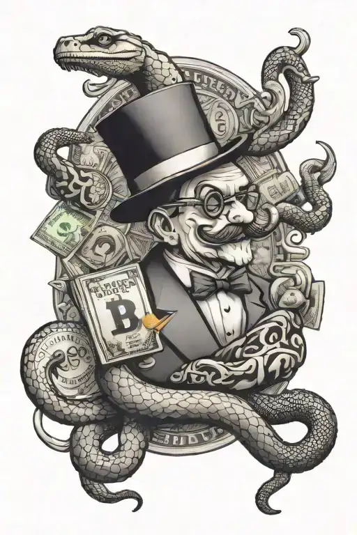 a monopoly man and a snake going thru the entire tatooo and incorporate a bitcoin logo and a usd 100 bill  tattoo design idea