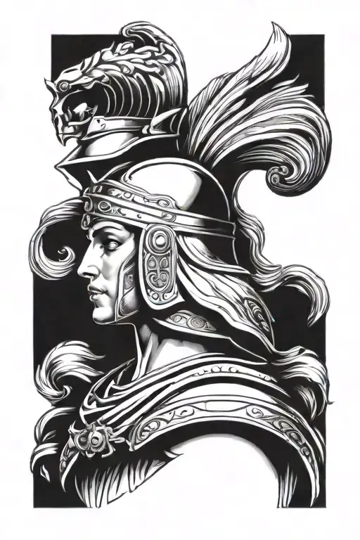 A portrait of Greek goddess Athena, with her iconic helmet and shield, exuding wisdom and courage tattoo design idea