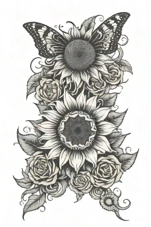 A hip tattoo that incorporates a sunflower, rose, skull, butterfly, heart and cog. tattoo design idea