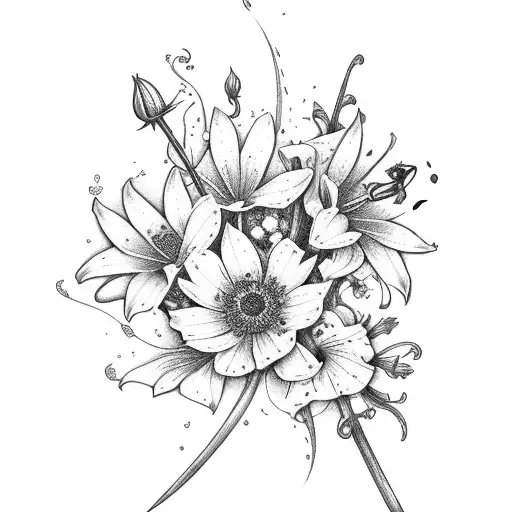 Sword surrounded by lily of the valley, roses, aster flowers, cosmos flowers, dragonflies, hummingbirds, and flowers tattoo design idea