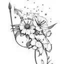 Sword surrounded by lily of the valley, roses, aster flowers, cosmos flowers, dragonflies, hummingbirds, and flowers tattoo design idea