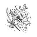 Sword surrounded by lily of the valley, roses, aster flowers, cosmos flowers, dragonflies, hummingbirds, and flowers tattoo design idea
