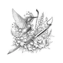 Sword surrounded by lily of the valley, roses, aster flowers, cosmos flowers, dragonflies, hummingbirds, and flowers tattoo design idea