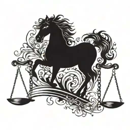 Sleek black horse silhouette adorned with legal scales and gavel details tattoo design idea