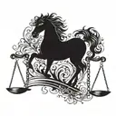 Sleek black horse silhouette adorned with legal scales and gavel details tattoo design idea