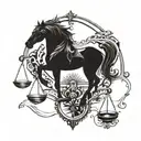 Sleek black horse silhouette adorned with legal scales and gavel details tattoo design idea