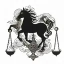 Sleek black horse silhouette adorned with legal scales and gavel details tattoo design idea