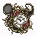 clock with the time 8:29 on the clock and the hour hand spells out Josie and the minute hand spells out eternity tattoo design idea