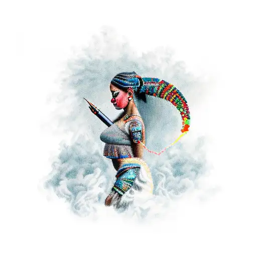A historically and culturaly acurate Taina woman who is facing side ways and blowing aqua color smoke out of her lips  tattoo design idea