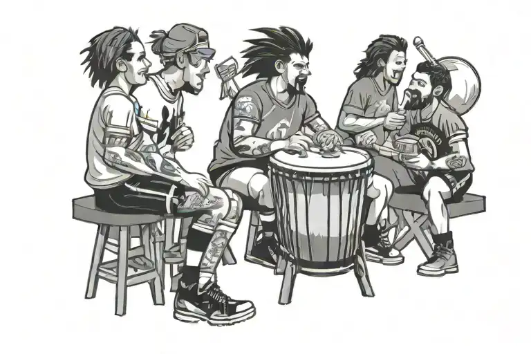 A football fan holding a beer and drumming on a drum, surrounded by friends wearing team jerseys tattoo design idea