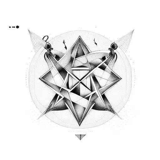 music, pentagram, play and pause, heartbeat, different elements, geometric tattoo design idea
