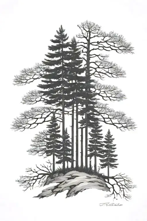 5 black and white pine trees representing a family tattoo design idea