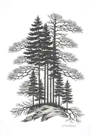 5 black and white pine trees representing a family tattoo design idea