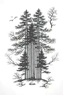 5 black and white pine trees representing a family tattoo design idea