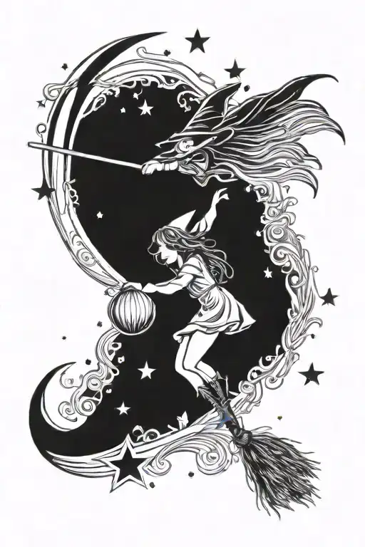 witchy broom moon and stars  tattoo design idea