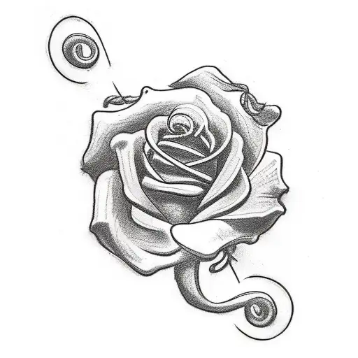 A sketch-style tattoo of a treble clef intertwined with vibrant pink roses tattoo design idea