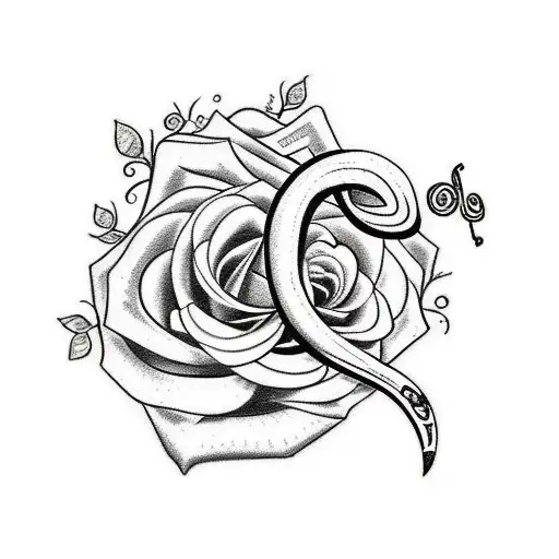 A sketch-style tattoo of a treble clef intertwined with vines and vibrant pink roses tattoo design idea