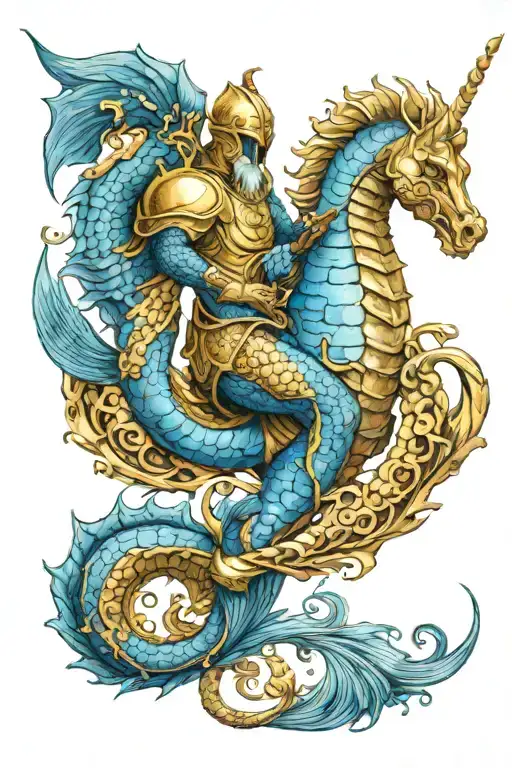 Blue merman golden armour Trident riding a blue seahorse in battle golden armour tattoo design idea
