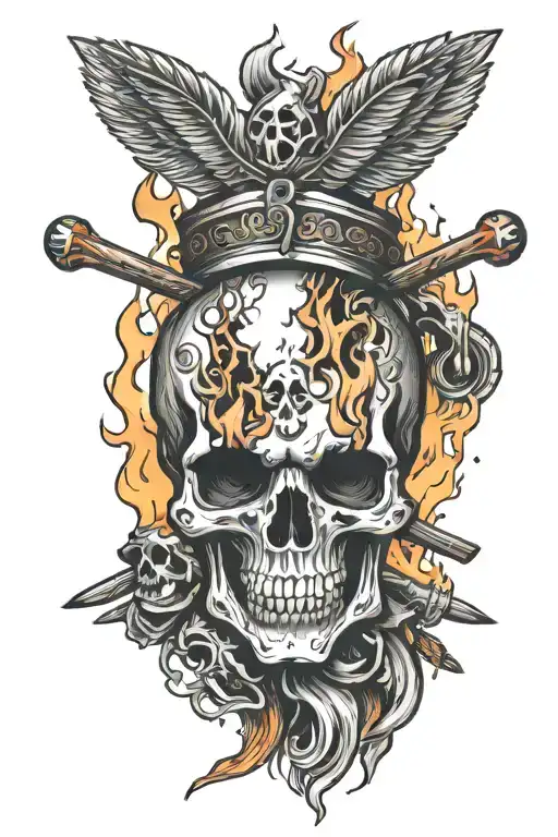 Burning skull stabbed by drum sticks tattoo design idea