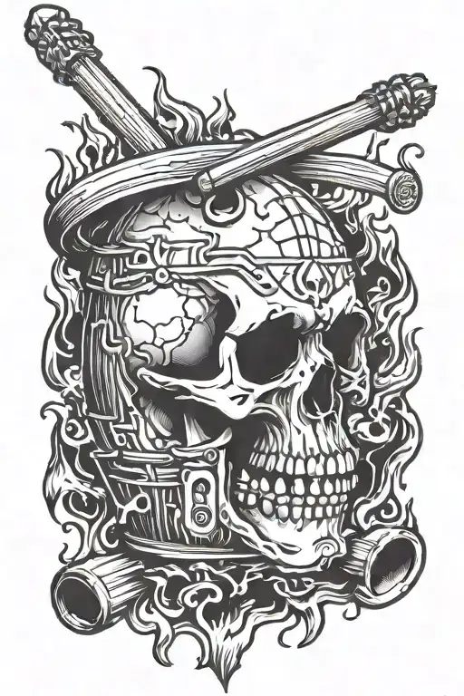 Burning skull stabbed by drum sticks tattoo design idea
