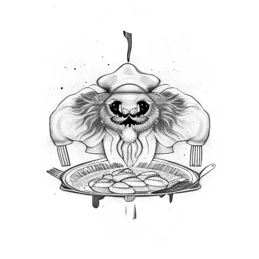 Black and white food images surrounding a chef's knife tattoo design idea