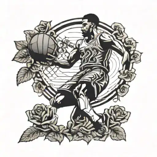 A basketball player dunking over a rose garden tattoo design idea