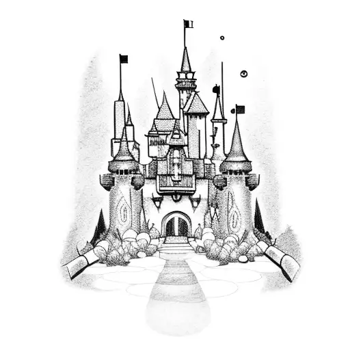 A dotwork tattoo of a Disney castle surrounded by a garden full of magical plants tattoo design idea