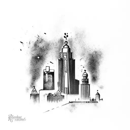 A dotwork tattoo of Hulk smashing through the Liverpool skyline tattoo design idea