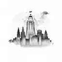 A dotwork tattoo of Hulk smashing through the Liverpool skyline tattoo design idea