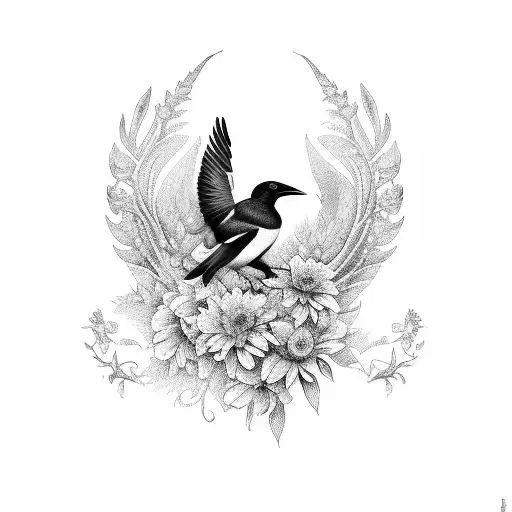 magpie & Roman numerals & Washington dc & flowers & sleeve tattoo design idea