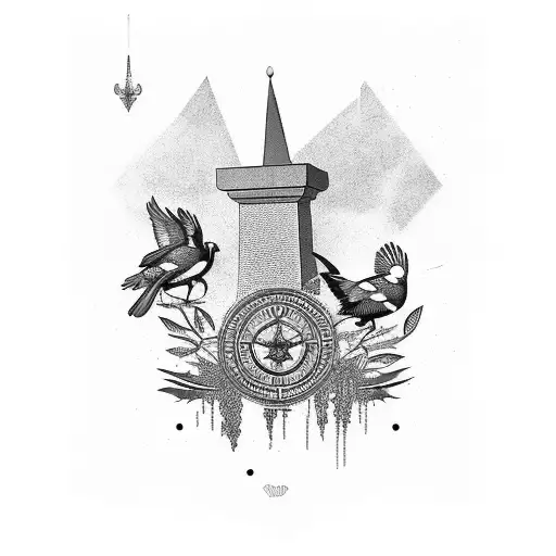 magpie & Roman numerals & Washington monument & flowers tattoo design idea