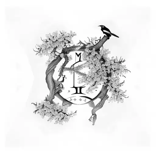 magpies & Roman numerals & Washington dc & cherry blossoms & sleeve tattoo design idea