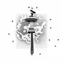 magpie & Roman numerals & Washington monument & flowers tattoo design idea
