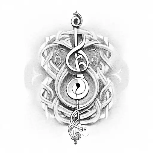 A stylized blackwork tattoo of a musical note intertwined with a Disney castle tattoo design idea